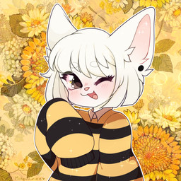 anthro bangs blush clothed clothing ear_piercing eyelashes female fur hair long_sleeves looking_at_viewer one_eye_closed open_mouth oversized_sleeves pattern_background pattern_clothing pattern_sweater pattern_topwear piercing pink_inner_ear pink_nose simple_background solo striped_clothing striped_sweater striped_topwear stripes sweater topwear white_body white_fur white_hair wink minguu billy_(fredek666) domestic_cat felid feline felis mammal 1:1 digital_media_(artwork) shaded