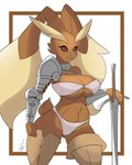 :3 armlet armor asymmetrical_clothing bare_shoulders big_breasts bikini black_sclera breasts brown_body brown_fur clothing collar curvy_figure eyebrows eyelashes female fur glistening glistening_body glistening_clothing glistening_eyes holding_melee_weapon holding_object holding_sword holding_weapon legwear long_ears looking_at_viewer melee_weapon pink_nose red_eyes shoulder_armor simple_background smile solo standing strapless_clothing swimwear sword tan_background thick_eyebrows two-piece_swimsuit unconvincing_armor under_boob weapon white_bikini white_clothing white_swimwear jmf quakebrothers nintendo pokemon generation_4_pokemon lopunny pokemon_(species) 2019 4:5 hi_res portrait three-quarter_portrait