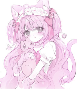 ambiguous_gender anime_style blush bodily_fluids clothed clothing duo eyelashes female feral frown hair long_hair looking_at_viewer pigtails pink_body pink_hair simple_background tail tears white_background u3u_00 animal_humanoid cat_humanoid domestic_cat felid felid_humanoid feline feline_humanoid felis humanoid mammal mammal_humanoid digital_media_(artwork) hi_res