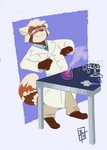 anthro bunsen_burner clothed clothing coat eyewear fully_clothed furniture goggles lab_coat laboratory laboratory_equipment male scared scientific_instrument simple_background solo table topwear thelivingtrashcan jakemi ailurid mammal red_panda 2019 hi_res