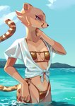 anthro beach bikini black_nose breasts brown_eyes brown_spots cheek_tuft chest_tuft cleavage clothed clothing cloud eye_patch_bikini eyelashes facial_tuft female fingers fur gold_bikini half-closed_eyes hand_on_neck legs_in_water markings midriff mountain narrowed_eyes navel open_clothing open_mouth open_shirt open_topwear outside partially_submerged seaside shirt sky solo spots spotted_body spotted_fur standing standing_in_water string_bikini submerged_legs swimwear tail topwear tuft two-piece_swimsuit water wet white_clothing yellow_body yellow_fur el-k golden_week akino_(el-k) cheetah felid feline mammal absurd_res digital_media_(artwork) hi_res