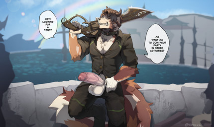 anthro balls big_penis brown_body brown_fur clothed clothed_male clothing collared_shirt dialogue dress_shirt erection fangs fluffy fluffy_tail fur genitals grin gunblade holding_object holding_weapon horn humanoid_genitalia humanoid_penis male muscular muscular_anthro muscular_male penis penis_poking_out penis_through_fly presenting presenting_penis seductive shirt smile solo speech_bubble tail teeth text topwear vein veiny_penis weapon cobu final_fantasy final_fantasy_xiv square_enix canid canine canis domestic_dog mammal english_text hi_res