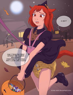 candy clean_diaper clothed clothing dessert dialogue diaper female food group hair hat headgear headwear holidays leaf leash pumpkin_basket red_hair solo_focus tail text trick-or-treating wearing_diaper witch_costume witch_hat blackroseseduction halloween red_(bigred0603) felid feline humanoid mammal english_text url
