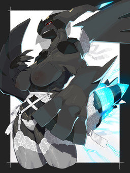 5_fingers anthro areola biped black_border blush border breasts clenched_teeth clothed clothed_anthro clothed_female clothing female fingers grey_body grey_wings hand_on_hip hand_on_own_hip lingerie looking_at_viewer mature_female nipples panties partially_clothed partially_clothed_anthro partially_clothed_female red_sclera simple_background solo standing teeth topless topless_anthro topless_female underwear white_background white_eyes wings kame_3 nintendo pokemon generation_5_pokemon legendary_pokemon pokemon_(species) zekrom 2025 absurd_res digital_drawing_(artwork) digital_media_(artwork) hi_res