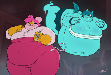 abandoned_building anthro bandage bandaged_chest blue_body duo eating eating_food ectoplasm eyewear female glasses glowing hair hair_over_eyes haunted_house morbidly_obese morbidly_obese_female obese obese_female overweight overweight_female pink_body slime tongue tongue_out wearing_glasses vhite9 goommy_(goommymuffin) muffin_(goommymuffin) felid feline ghost mammal murid murine rodent spirit undead hi_res signature watermark