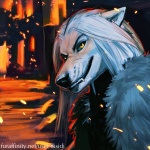 ambiguous_gender anthro embers fire fur grin hair long_hair night smile solo text white_body white_fur white_hair yellow_eyes gasmask_(artist) canid canine canis mammal wolf 1:1 2013 bust_portrait portrait url