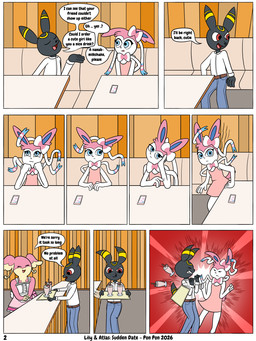 anthro anthrofied belt black_body blue_eyes blue_inner_ear bored bottomwear bow_(anatomy) breasts bump cafe cellphone clothing crashing denim denim_bottomwear denim_clothing dialogue dress electronics female group happy inside jeans leg_markings maid_cafe maid_uniform male markings pants phone pink_body pink_clothing pink_dress red_eyes ribbons_(anatomy) shirt sitting small_breasts smile smiling_eyes socks_(marking) tail text topwear trio uniform white_body white_clothing white_sclera white_shirt white_topwear ponponthedreambunny nintendo pokemon atlas_(ponponthedreambunny) lily_(ponponthedreambunny) audino eeveelution generation_2_pokemon generation_5_pokemon generation_6_pokemon pokemon_(species) sylveon umbreon 2026 3:4 comic digital_drawing_(artwork) digital_media_(artwork) english_text hi_res