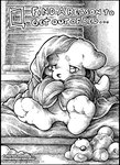 ambiguous_gender anthro bed bedding blanket blinds depression featureless_crotch fur furniture plushie solo teddy_bear text window o-kemono mammal 2024 black_and_white english_text monochrome