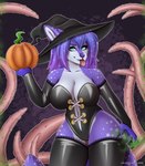 anthro big_breasts bodysuit breasts clothing female food fruit fur hair handwear latex latex_clothing latex_handwear latex_legwear legwear long_hair magic pink_tongue plant pumpkin purple_body purple_fur purple_hair skinsuit solo sparkles sparkling_hair star tentacles tentacles_everywhere tight_clothing tongue tongue_out witchcraft volodyanocturne canid canine canis mammal wolf hi_res