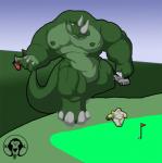 anthro big_biceps big_muscles big_tail duo erect_nipples golf golf_cart golf_clubs golf_course hooves horn macro male muscular nipples overweight putting_green sport tail thick_thighs xatanlion alligator alligatorid crocodilian domestic_cat felid feline felis hybrid mammal reptile rhinoceros scalie