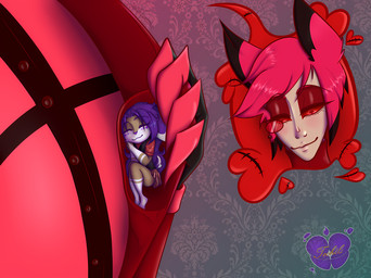 anthro clothing duo female hair macro macro_male male male/female micro_female purple_hair red_clothing red_eyes red_hair red_sclera size_difference sleeping woneja_vampy tochtli_luxuria hazbin_hotel hellaverse alastor_(hazbin_hotel) tochtli tochtli_metzi deer demon humanoid lagomorph leporid mammal rabbit vampire absurd_res hi_res