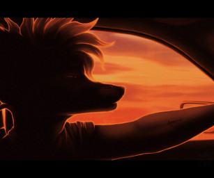 anthro car cloud driving inside_car inside_vehicle male mohawk silhouette sky solo sun sunset tattoo text truck vehicle fighterjet lux_(character) canid canine fox mammal 6:5 english_text