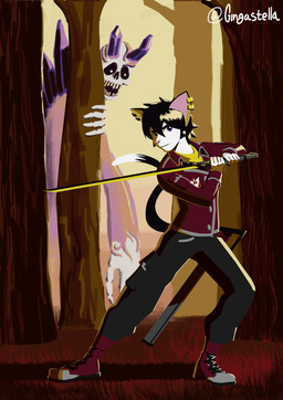 anthro female forest_background melee_weapon solo sword weapon gingastella alix_(gingastella) felid feline humanoid mammal monster absurd_res hi_res