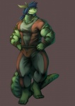 abs anthro beard biceps blue_hair bottomwear brown_background bulge clothed clothing facial_hair green_body green_eyes green_skin hair horn male muscular muscular_anthro muscular_male pants pecs pose scales shirt simple_background solo tail topwear vein ben-ben mythology dragon mythological_creature mythological_scalie scalie hi_res