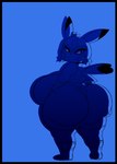 absurd_res anthro big_breasts big_butt black_border blue_background blue_theme border breasts butt clothing cosplay_pikachu_(costume) damncheezy digital_drawing_(artwork) digital_media_(artwork) female full-length_portrait generation_1_pokemon hi_res holding_butt huge_breasts huge_butt looking_back nintendo pikachu pikachu_libre pokemon pokemon_(species) portrait simple_background solo standing thick_thighs