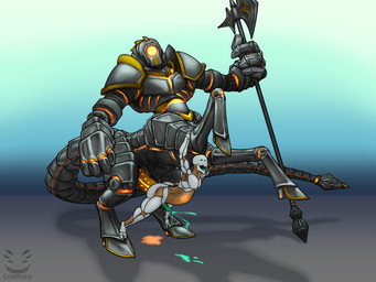abdominal_bulge anal anal_penetration armor big_hands bodily_fluids colored_cum cum cum_pool cum_while_penetrated dominant duo ejaculation genital_fluids genitals glowing glowing_belly glowing_cum glowing_eyes glowing_genitalia glowing_markings glowing_penis glowing_precum gold_penis green_cum halberd hands-free hooves large_penetration larger_dom long_penis long_tail mace_tail machine male male/male markings melee_weapon metallic_body on_hind_legs orange_cum penetration penile penile_penetration penis polearm size_difference tail taur_penetrating tongue tongue_out unusual_bodily_fluids unusual_cum unusual_genital_fluids weapon weapon_tail wooden_body corinoch_(artist) dungeons_and_dragons hasbro wizards_of_the_coast cyclops humanoid iron_golem living_machine robot robot_taur taur warforged 4:3 hi_res
