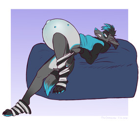 anthro bed belly belly_nipples big_belly black_hair blue_eyes blue_nipples blue_nose blue_tail_tip bottomless bottomless_anthro bottomless_male clothed clothing dipstick_tail eyebrow_piercing facial_markings facial_piercing fur furniture grey_body grey_fur hair head_markings hoodie legwear lip_piercing lip_ring lying lying_on_bed male markings mask_(marking) multi_nipple navel nipples on_back on_bed outie_navel pattern_clothing pattern_legwear pattern_thigh_highs piercing pregnant pregnant_anthro pregnant_male raised_clothing raised_hoodie raised_topwear removing_socks ring_piercing solo striped_clothing striped_legwear striped_thigh_highs stripes struggling tail tail_markings thigh_highs topwear white_body white_fur dansharkman river_(phantompackmate) canid canine fox mammal 2025 digital_drawing_(artwork) digital_media_(artwork) english_description hi_res andromorph_(lore)