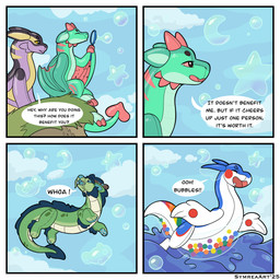 blowing_bubbles bubble dialogue eyes_closed feral green_body horn inflatable membrane_(anatomy) membranous_wings outside pink_eyes plushie pool_toy purple_body sky speech_bubble text water wings yellow_eyes symrea european_mythology mythology animate_inanimate dragon living_inflatable mythological_creature mythological_scalie scalie western_dragon wyvern 1:1 comic english_text hi_res