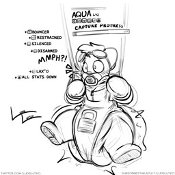 ambiguous_gender anthro baby_bouncer blush blush_lines bondage_gear bondage_gloves clothed clothing diaper diaper_under_clothing diaper_under_onesie eyewear eyewear_on_head feces gag gameplay_mechanics goggles goggles_on_head handwear head_tuft laxative level_number lock_symbol negative_status_effect object_in_mouth onesie pacifier pacifier_gag pacifier_in_mouth plus_sign pooping progress_bar restrained restraints simple_background soiled_diaper soiling soiling_diaper solo status_effect subscribestar_username suspension tail text timer_display tuft twitter_handle unclean_diaper used_diaper using_diaper wearing_diaper whiskers white_background wide_eyed zipper ludis-luteo innocentenough nintendo pokemon aqua_(innocentenough) dewott generation_5_pokemon pokemon_(species) 1:1 2022 absurd_res artist_name character_name english_text hi_res monochrome signature url male_(lore)