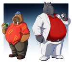 anthro belly bottomwear brown_body clothing duo hat headgear headwear humanoid_hands male overweight overweight_male pants shirt topwear pokelai odd_taxi hiroshi_odokawa_(odd_taxi) kuroda_(odd_taxi) mammal marine pinniped tapir walrus 2021