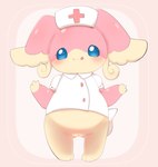 anthro blue_eyes blush bottomless butt butt_from_the_front clothed clothing female female_anthro genitals hat headgear headwear licking licking_lips nurse_clothing nurse_hat nurse_headwear nurse_uniform pink_body pussy simple_background solo tongue uniform white_background sakaeguchi_okarina nintendo pokemon audino generation_5_pokemon pokemon_(species) hi_res