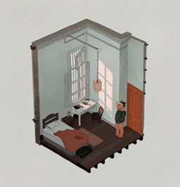 anthro backpack beanie bed bedroom chair clothed clothing detailed_background door fur furniture hair hat headgear headwear hoodie hooves male red_body red_fur solo standing table topwear white_hair window nule nule_(character) bovid caprine goat mammal absurd_res hi_res