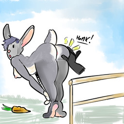 anthro breasts butt carrot cloud disembodied_hand duo exclamation_point female food fur grey_body grey_fur grey_hair hair nipples open_mouth outside plant purple_hair simple_background sky surprised teasing text vegetable fregg_(artist) trinket_(artist) lagomorph leporid mammal rabbit 1:1 2016 digital_media_(artwork) source_request