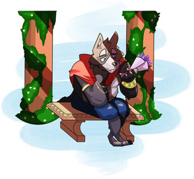 bench blue_eyes brooch cape clothing column dandy_roosevelt facial_piercing flower hand_on_face jewelry labret_piercing lavender_(flower) lip_piercing male piercing plant sad sitting solo unknown_artist adastra adastra_(series) echo_project amicus_(adastra) canid canine canis mammal wolf digital_media_(artwork) hi_res