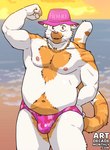 anthro barazoku beach belly belly_hair biceps biped body_hair bulge chest_hair chest_tuft clothing fist flexing flexing_bicep gold_(metal) gold_jewelry gold_necklace grin hand_behind_back hat headgear headwear jewelry looking_at_viewer male male_anthro musclegut muscular navel necklace nipples outside pecs pink_clothing pink_hat pink_headwear pink_speedo pink_swimwear sea slightly_chubby smile solo speedo standing sunset swimwear tail triceps tuft water artdecade domestic_cat felid feline felis mammal 2024