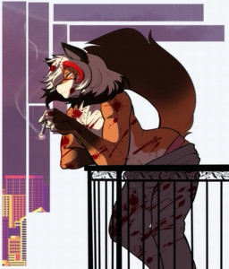 anthro biped blood bodily_fluids clothed clothing hair male smoking solo tail munkeesgomu cillian_(ceverawinter) canid canine fox mammal hi_res