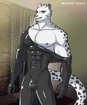 abs anthro big_muscles big_pecs blue_eyes bodysuit bulge clothing fur latex latex_clothing latex_skinsuit male muscular muscular_anthro muscular_male nipples open_bodysuit pecs rubber_clothing skinsuit solo tight_clothing white_body white_fur alkan luben_(character) felid leopard mammal pantherine 5:6 absurd_res hi_res