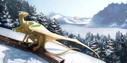 feral gold_scales green_markings handpaw log male markings mountain paws plant scenery sky snow solo spread_wings tail tree view wings wood kruvis european_mythology mythology dragon mythological_creature mythological_scalie scalie western_dragon absurd_res hi_res