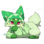 ambiguous_gender anthro blush clothing costume fur fursuit gloves_(marking) green_body green_clothing green_fur green_tail kemono leg_markings lying markings on_front red_eyes simple_background socks_(marking) solo tail tongue tongue_out white_background tontaro nintendo pokemon felid feline floragato generation_9_pokemon mammal pokemon_(species) 1:1 signature watermark