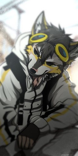5_fingers anthro backpack blurred_background clothing eyewear fingerless_gloves fingers fur gloves goggles handwear hoodie male smile solo topwear white_clothing white_hoodie white_topwear angiewolf mammal 2022 hi_res