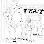 anthro belly blush bulge clothing collared_shirt dress_shirt duo footwear hat headgear headwear inside looking_at_another male male/male necktie otter_tail shirt shoes size_difference suit tailor topwear pandottermon gulonine mammal mustelid musteline otter wolverine 1:1 hi_res monochrome