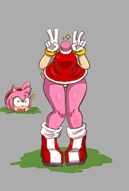 anthro clothing detachable detachable_head female gesture hand_gesture headless modular pink_body red_clothing red_shirt red_topwear shirt solo sparkles topwear v_sign iwantcheeseburger european_mythology irish_mythology mythology sega sonic_the_hedgehog_(series) amy_rose dullahan eulipotyphlan hedgehog mammal 2026 hi_res