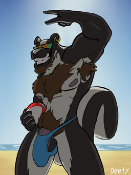 anthro armpit_hair ball balls beach beach_ball beard big_balls big_muscles big_penis black_body black_fur body_hair brown_beard brown_body_hair brown_facial_hair chest_hair clothing devil_horns_(gesture) ear_piercing ear_ring eyewear facial_hair fur genitals gesture gold_(metal) gold_jewelry hand_gesture inflatable jewelry male muscular muscular_anthro muscular_male nipples outside penis piercing pink_nipples pink_penis pubes ring_piercing smile smiling_at_viewer solo speedo standing stretched_clothing striped_body stripes sunglasses swimwear tail teeth white_body white_fur deety mammal mephitid skunk 3:4 hi_res