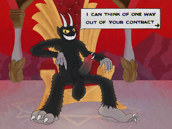 armpit_hair balls black_balls black_body black_fur body_hair claws detailed_background dialogue erection evil_grin fur genital_piercing genitals glowing glowing_eyes grin hell horn humanoid_genitalia humanoid_penis male master nude paws penis penis_piercing piercing presenting presenting_penis prince_albert_piercing pubes saggy_balls smile solo speech_bubble text toe_claws tuft yellow_eyes scruffymusk cuphead_(game) the_devil_(cuphead) demon humanoid 2017 digital_media_(artwork) english_text