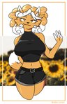 anthro belt big_breasts black_clothing black_nose bottomwear breasts clothed clothing crop_top curled_hair dipstick_ears dipstick_tail ear_markings exposed_shoulder eyebrows female flower fur hair inner_ear_fluff markings multicolored_ears navel orange_body orange_fur orange_hair plant shirt shorts smile solo sunflower tail tail_markings teeth topwear tuft white_ear_tips white_eyebrows white_hair white_hair_tips white_inner_ear_fluff white_tail_tip yellow_eyes milkynyom fleeku_kaitlin_finnegan canid canine canis fox humanoid hybrid mammal wolf absurd_res hi_res