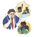 blush brown_body brown_fur clothed clothing duo eyewear fur glasses horn male simple_background gao_53937056 lifewonders tokyo_afterschool_summoners catoblepas_(tas) kuniyoshi_(tas) human mammal