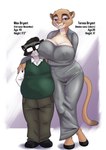 anthro anthro_on_anthro big_breasts black_hair black_nose breasts clothing dress duo eyewear female footwear fur glasses grey_body grey_fur hair huge_breasts husband_and_wife male male/female married_couple multicolored_body multicolored_fur nipple_outline pink_nose shoes smile standing tail tan_body tan_fur text topwear two_tone_body two_tone_fur vest wearing_glasses white_body white_fur akiric max_bryant_(akiric) teresa_bryant_(akiric) cougar felid feline mammal procyonid raccoon character_name english_text hi_res