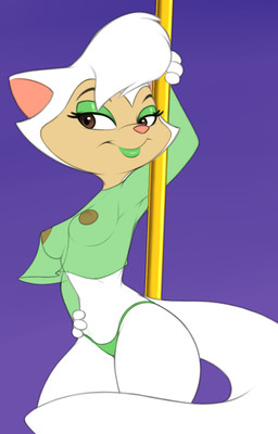 anthro breasts brown_eyes clothing dancing eyeshadow female fur green_eyeshadow green_lipstick hand_on_hip lipstick makeup nipples panties pole pole_dancing purple_background simple_background solo translucent translucent_clothing translucent_topwear underwear white_body white_fur billboi cats_don't_dance warner_brothers sawyer_(cats_don't_dance) domestic_cat felid feline felis mammal hi_res