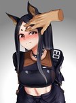 black_hair blush bodily_fluids breasts brown_eyes clothing disembodied_hand duo female hair light_body light_skin long_hair navel solo_focus sweat imcey arknights hypergryph studio_montagne dobermann_(arknights) animal_humanoid canid canid_humanoid canine canis humanoid mammal mammal_humanoid 2019 absurd_res hi_res