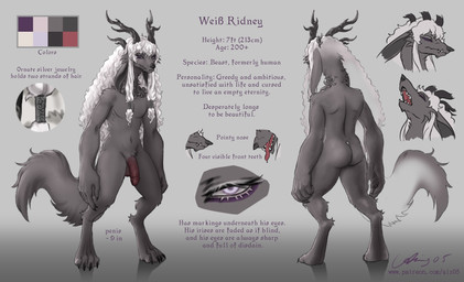 4_toes anthro balls butt claws digitigrade fangs feet fingers flaccid fur genitals hair horn humanoid_genitalia humanoid_penis looking_at_viewer male nude open_mouth penis simple_background solo standing tail teeth text toe_claws toes white_hair ais05 paledrake_(artist) paledrake weiss_(paledrake) mammal unknown_species 2023 absurd_res digital_media_(artwork) english_text hi_res model_sheet signature