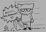 anthro eyewear garden_hose glasses male solo text water salamikii night_in_the_woods stan_borowski domestic_cat felid feline felis mammal comic english_text hi_res monochrome