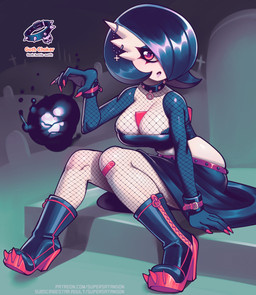 alternative_fashion band-aid bandage bandeau big_breasts black_bandeau black_body black_bottomwear black_clothing black_hair black_skirt black_topwear boots bottomwear breasts clothed clothed_female clothed_humanoid clothing collar colored_nails female fingernails fishnet_clothing fishnet_legwear fishnet_topwear footwear goth hair high_heeled_boots high_heels legwear multicolored_body nails pink_eyes pink_fingernails pink_nails shoes skirt solo text topwear two_tone_body white_body supersatanson nintendo pokemon gardevoir generation_3_pokemon humanoid pokemon_(species) 2026 absurd_res english_text hi_res url