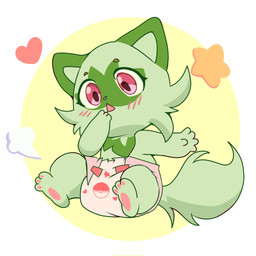ambiguous_gender anthro blush blush_lines clean_diaper clothed clothing cloud_emanata diaper diaper_only diaper_puff emanata fur green_body green_ears green_fur green_inner_ear green_tail hand_on_face heart_symbol open_mouth pawpads pink_nose pink_pawpads simple_background sitting solo tail three-quarter_view topless wearing_diaper coopitchu nintendo pokemon generation_9_pokemon pokemon_(species) sprigatito 1:1 2022 full-length_portrait hi_res portrait