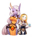 accessory big_breasts blonde_hair blue_eyes blush breasts clothed clothing duo female hair hair_accessory hairband horn milk not_furry purple_body purple_skin skimpy small_breasts tattoo white_hair wraps yellow_eyes yomieee_(artist) league_of_legends riot_games tencent lux_(lol) soraka human humanoid mammal