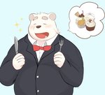 anthro belly blush clothing eyes_closed food fur humanoid_hands kemono male overweight overweight_anthro overweight_male shirt simple_background solo topwear white_body white_fur kisaragi_syoo utau shirane_kan bear mammal polar_bear ursine 2020 hi_res