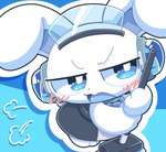 ambiguous_gender angry anthro blush broom chibi cleaning_tool clothing electronics embarrassed headphones hi_res high-angle_view kemono lagomorph leporid machine maid_uniform mammal nettsuu rabbit robot simple_background solo uniform unknown_character